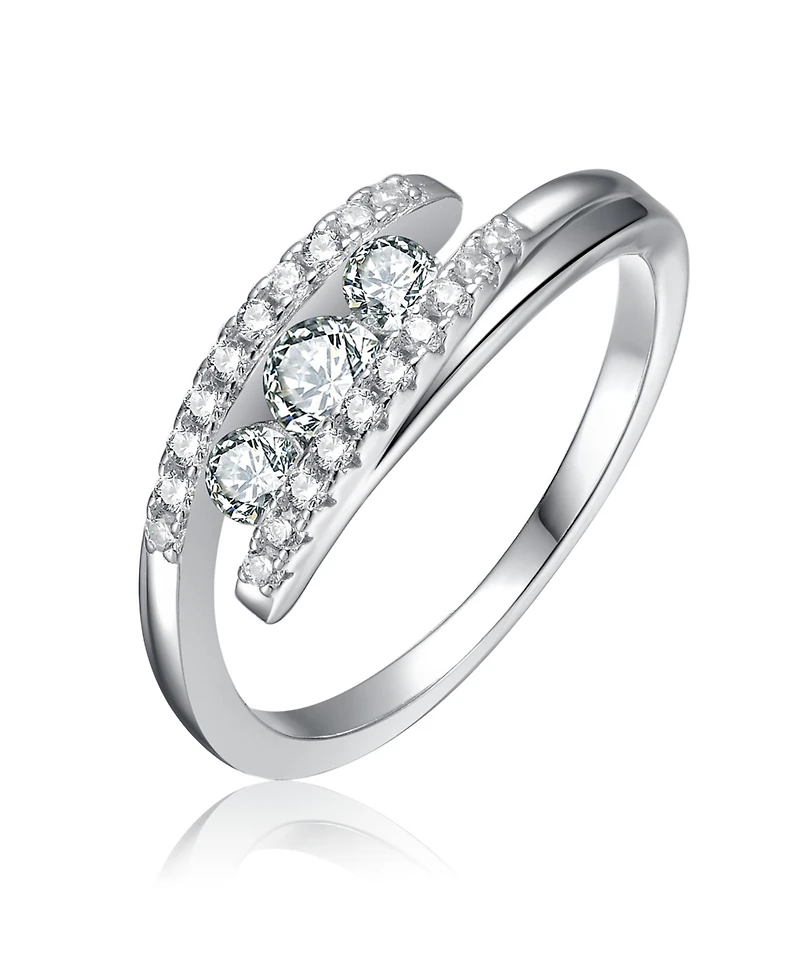 Sterling Silver White Gold Plated with Cubic Zirconia Bypass Ring