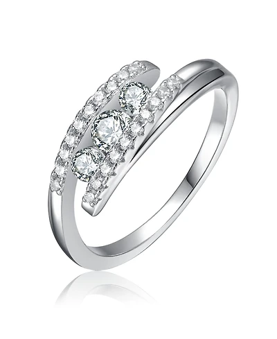 Sterling Silver White Gold Plated with Cubic Zirconia Bypass Ring