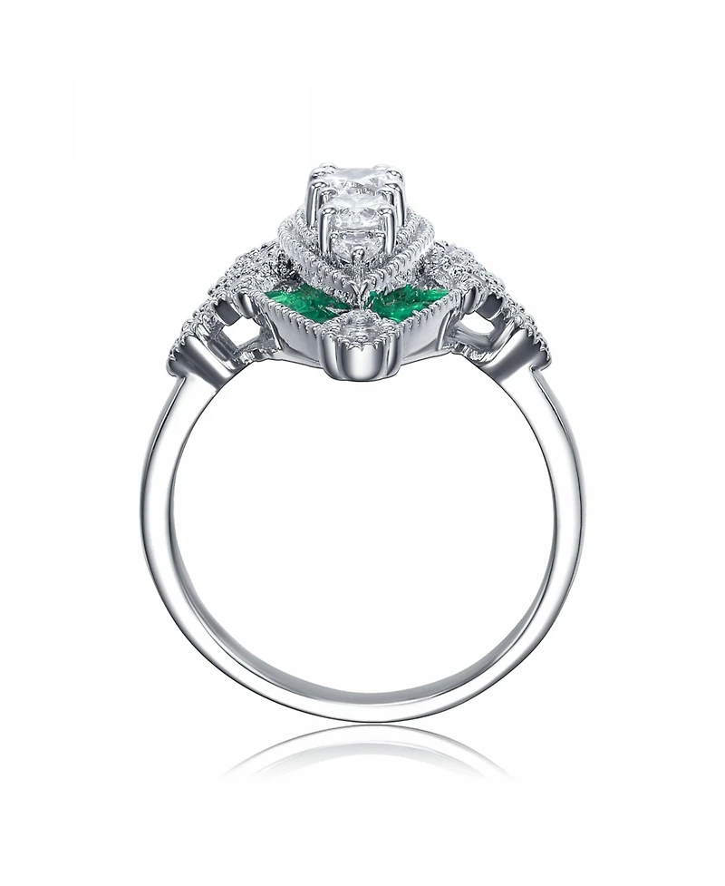 Sterling Silver White Gold Plated Green Baguette and Round Cubic Zirconia Classic Ring