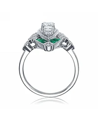 Sterling Silver White Gold Plated Green Baguette and Round Cubic Zirconia Classic Ring