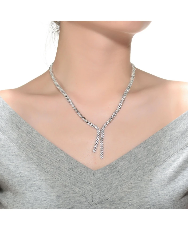 Sterling Silver White Gold Plated with Clear Round Cubic Zirconia Three-Row Cluster Necklace