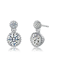 White Gold Plated with Cubic Zirconia Two-Stone Milgrain Dangle Drop Earrings