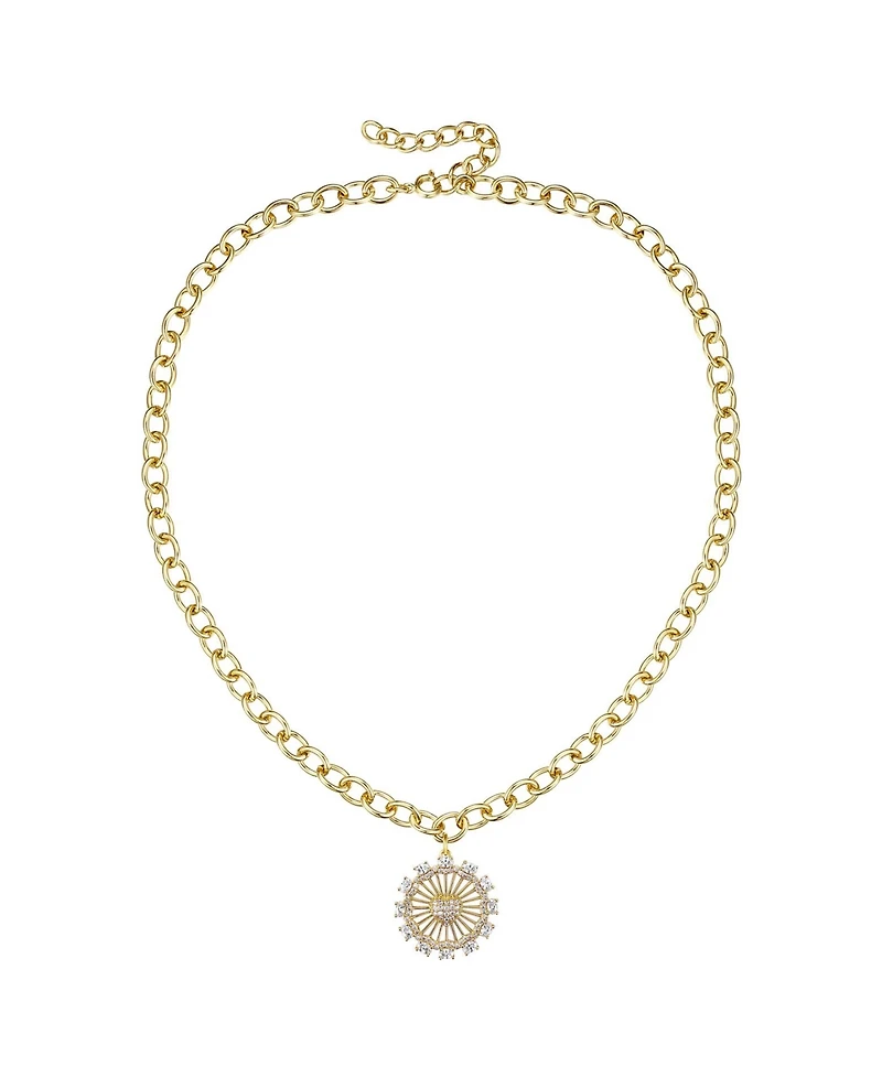 14k Gold Plated with Cubic Zirconia Sunshine Flower Pendant Curb Chain Adjustable Necklace