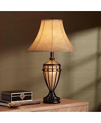 Franklin Iron Works Cardiff Rustic Table Lamp 33" Tall Brushed Iron with Nightlight Beige Fabric Shade for Bedroom Living Room Bedside Nightstand