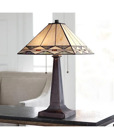 Art Deco Tiffany Style Accent Table Lamp 21.5" High Mission Bronze Brown Antique Cream Amber Stained Glass Shade Decor for Living Room Bedroom Ho