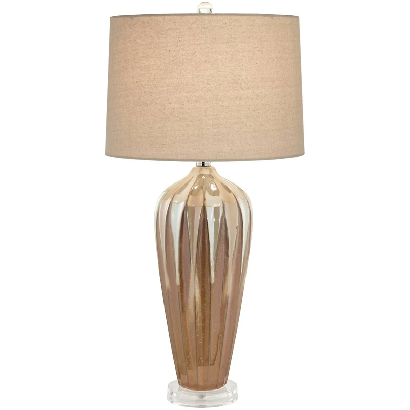 Possini Euro Design Loren Modern Mid Century Table Lamp 28 1/4" Tall Ivory Drip Glaze Ceramic Fabric Drum Shade for Bedroom Living Room Bedside H