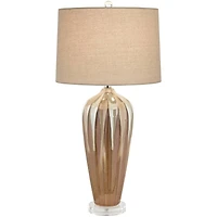 Possini Euro Design Loren Modern Mid Century Table Lamp 28 1/4" Tall Ivory Drip Glaze Ceramic Fabric Drum Shade for Bedroom Living Room Bedside H