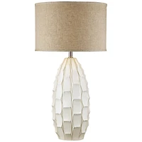 Cosgrove Mid Century Modern Coastal Table Lamp 32.75" Tall Ceramic White Handcrafted Beige Fabric Drum Shade Decor for Living Room Bedroom House Bedsi