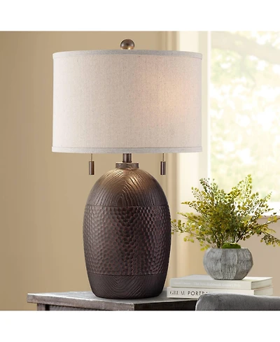 Franklin Iron Works Byron Rustic Table Lamp 27 1/2" Tall Hammered Textured Bronze White Drum Shade for Bedroom Living Room Bedside Nightstand Off