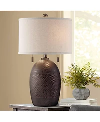 Franklin Iron Works Byron Rustic Table Lamp 27 1/2" Tall Hammered Textured Bronze White Drum Shade for Bedroom Living Room Bedside Nightstand Off
