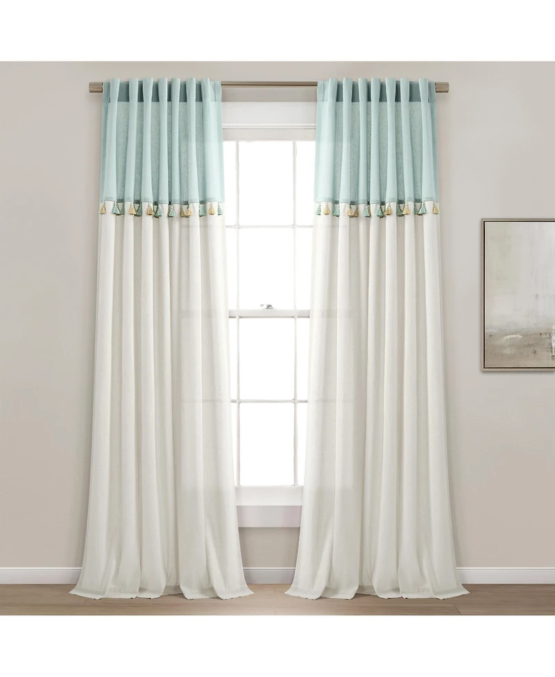 Boho Faux Linen Tassel Color Block Window Curtain Panel