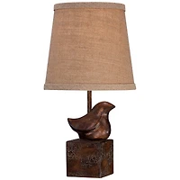 360 Lighting Bird Moderne Rustic Farmhouse Accent Table Lamp 15 1/2" High Sculptural Crackle Bronze Brown Natural Burlap Drum Shade Bedroom Night