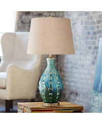 Mid Century Modern Vase-Shaped Table Lamp 26.5" High Textured Glaze Teal Green Hand-Made Ceramic Tan Linen Drum Shade for Living Room Bedroom Hou