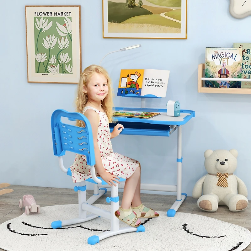 Qaba Kids Desk and Chair Set with Tilt Desktop, Storage Drawer,