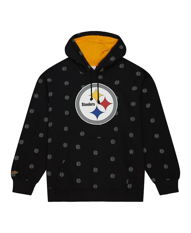 Men's Mitchell & Ness Black Pittsburgh Steelers Allover Print Fleece Pullover Hoodie