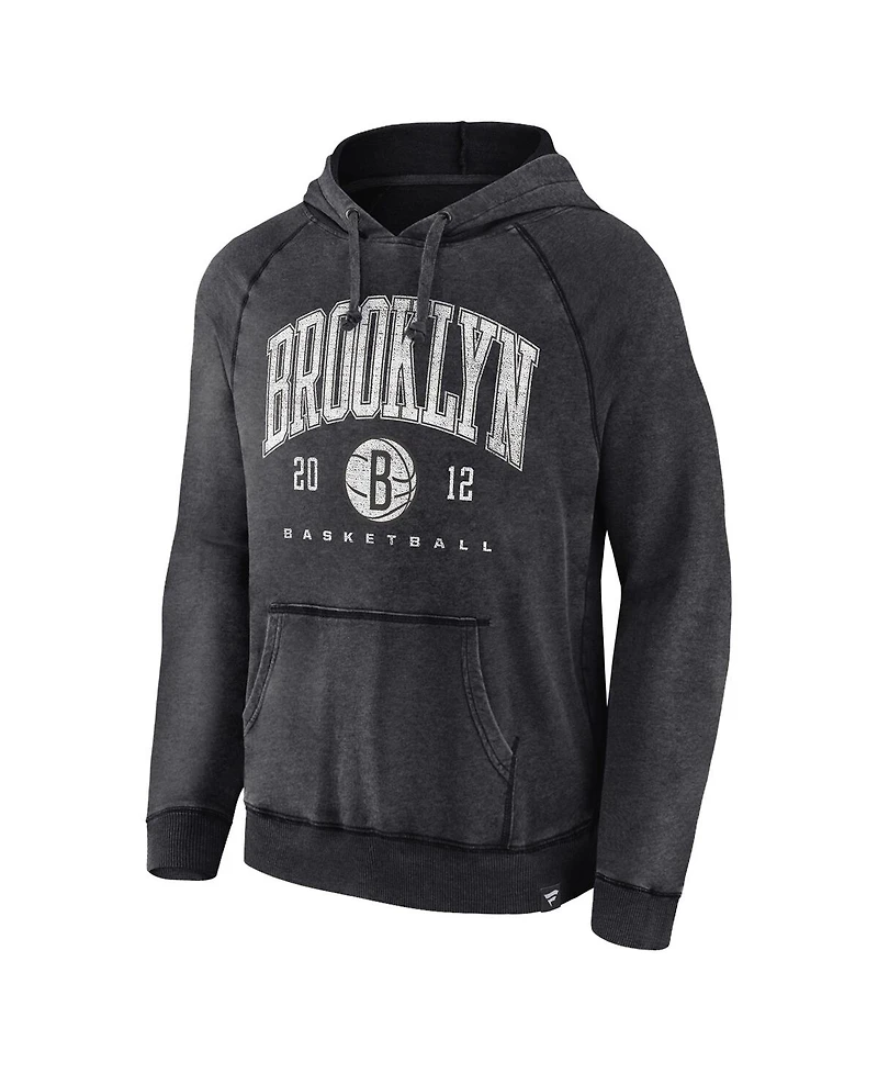 Men's Fanatics Heather Charcoal Distressed Brooklyn Nets Foul Trouble Snow Wash Raglan Pullover Hoodie