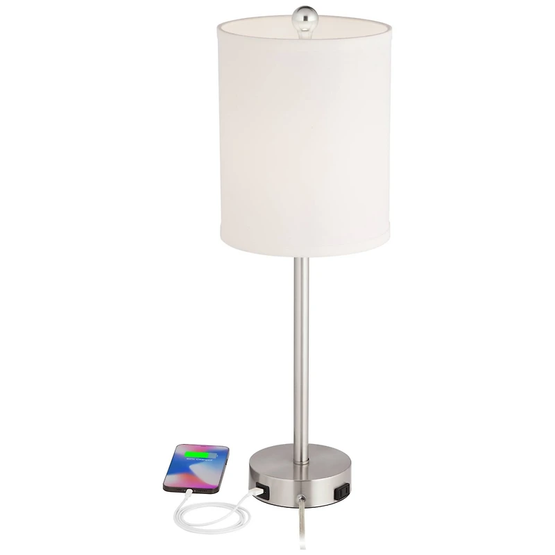 Trotter Modern Table Lamps 23.75" High Set of 2 with Dimmable Usb and Ac Power Outlet Brushed Nickel White Fabric Cylinder Living Room Desk Bedroom Ho