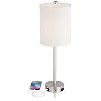 Trotter Modern Table Lamps 23.75" High Set of 2 with Dimmable Usb and Ac Power Outlet Brushed Nickel White Fabric Cylinder Living Room Desk Bedroom Ho