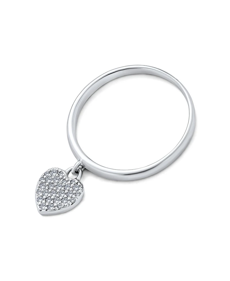 Bling Jewelry Simple Delicate Sterling Silver Pave Dangle Heart Charm Ring 1MM Thin Band
