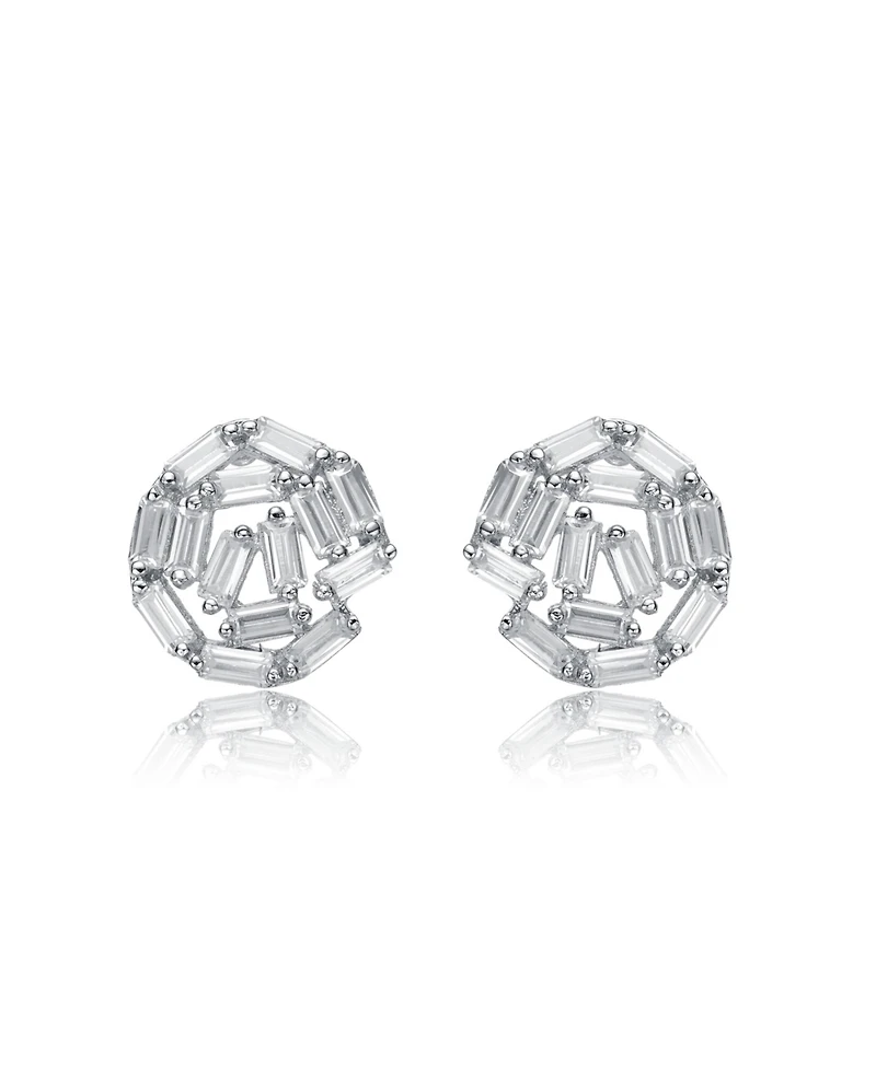 Sterling Silver with White Gold Plated Baguette Cubic Zirconia Bundle Stud Earrings