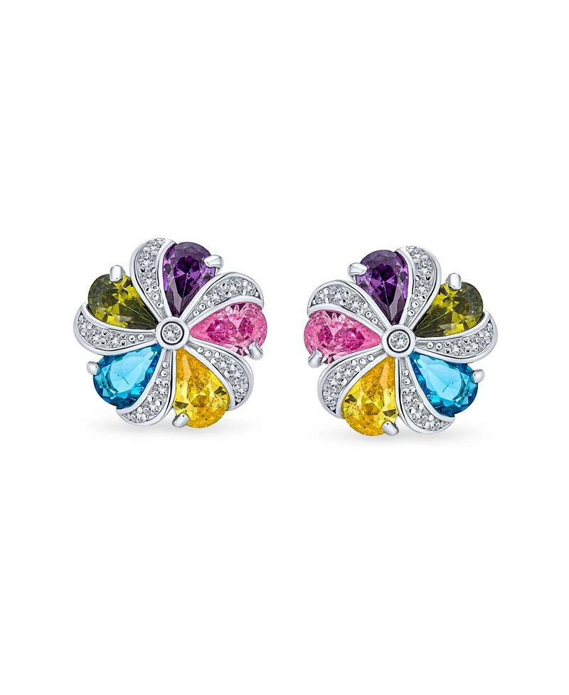 Bling Jewelry Rainbow Colorful Statement Multicolor Cz Swirling Circle Button Flower Stud Earrings