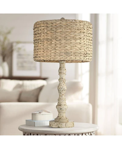 John Timberland Jackson Country Cottage Table Lamp 27 1/2" Tall Distressed Antique White Candlestick Rattan Drum Shade for Bedroom Living Room Be