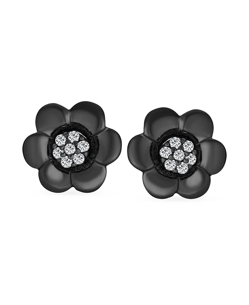 Bling Jewelry 2 In 1 Removable Jackets Simple Danity Pave Cz Stud Center with Petal Flower Jacket Rose Stud Earrings Black Plated Sterling Silver