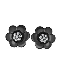 Bling Jewelry 2 In 1 Removable Jackets Simple Danity Pave Cz Stud Center with Petal Flower Jacket Rose Stud Earrings Black Plated Sterling Silver