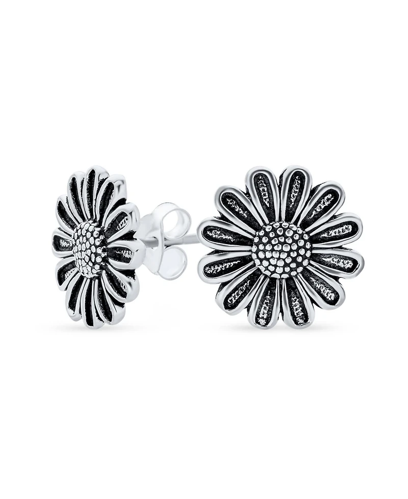 Bling Jewelry Retro Floral Garden Party Flower You are My Sunshine Sunflower Stud Earrings Oxidized Sterling Silver