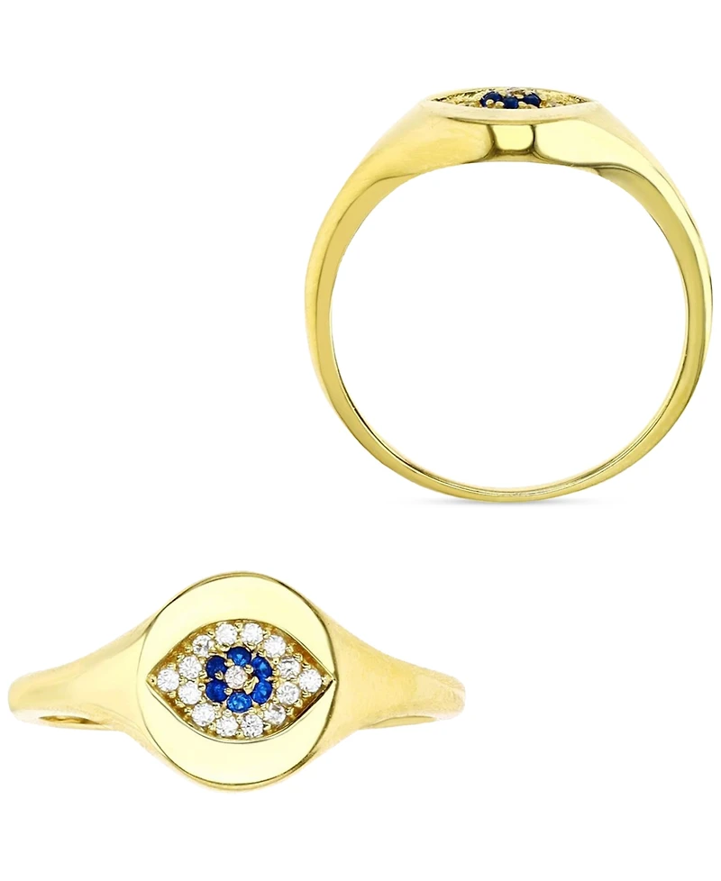 Cubic Zirconia Evil Eye Signet Ring 14k Gold-Plated Sterling Silver