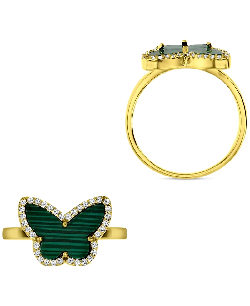 Malachite & Cubic Zirconia Butterfly Halo Ring 14k Gold-Plated Sterling Silver