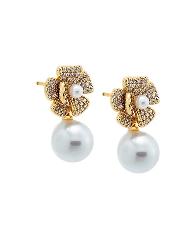 by Adina Eden Pave Dangling Flower Imitation Pearl Stud Earring