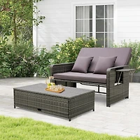 Wicker Loveseat Sofa with Multipurpose Ottoman and Retractable Side Tray