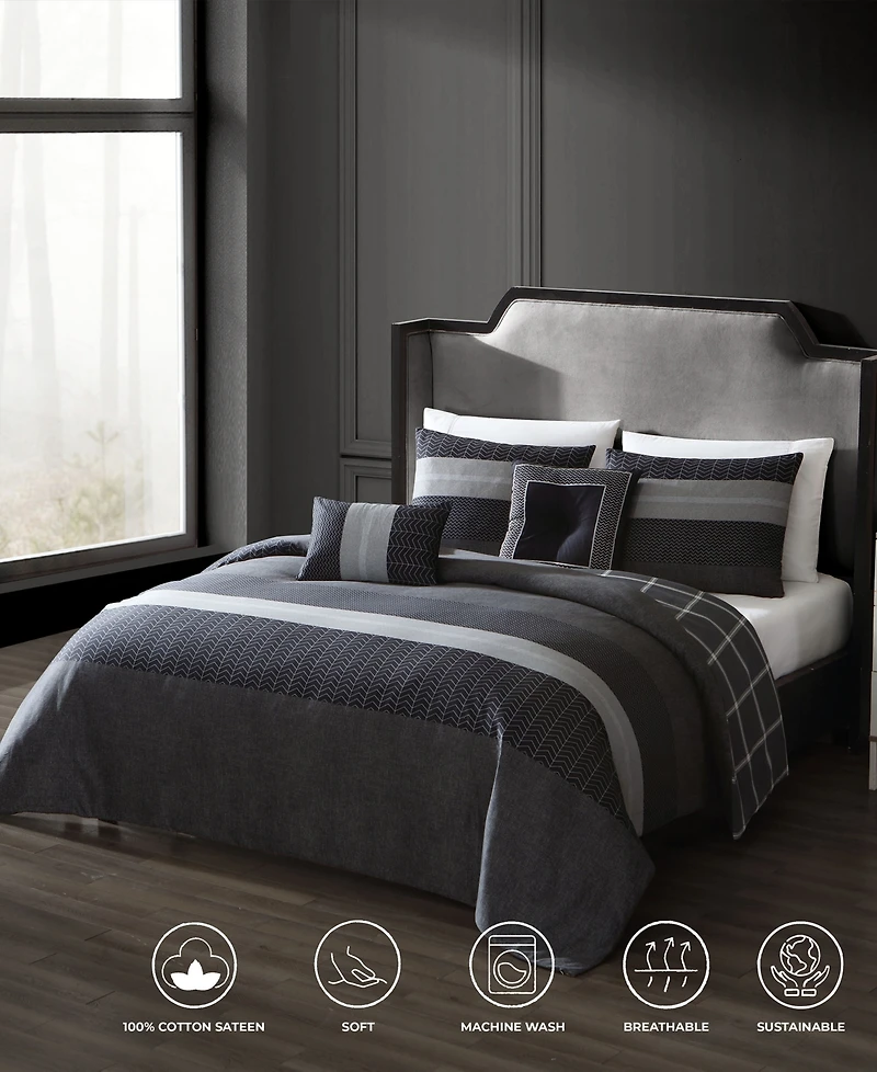 Bebejan Kyle Black Bedding 200 Thread Count 100% Cotton Sateen 5 Piece Reversible Queen Comforter Set