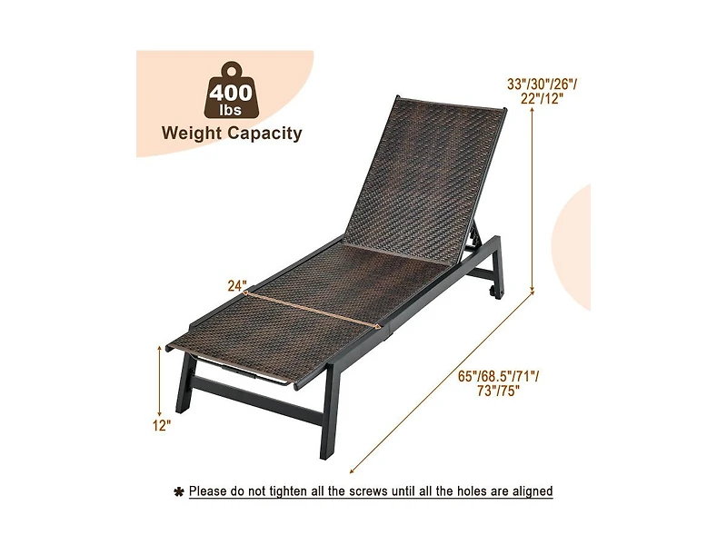 Inolait Patio Pe Rattan Chaise Lounge with 5-Level Backrest and Wheels