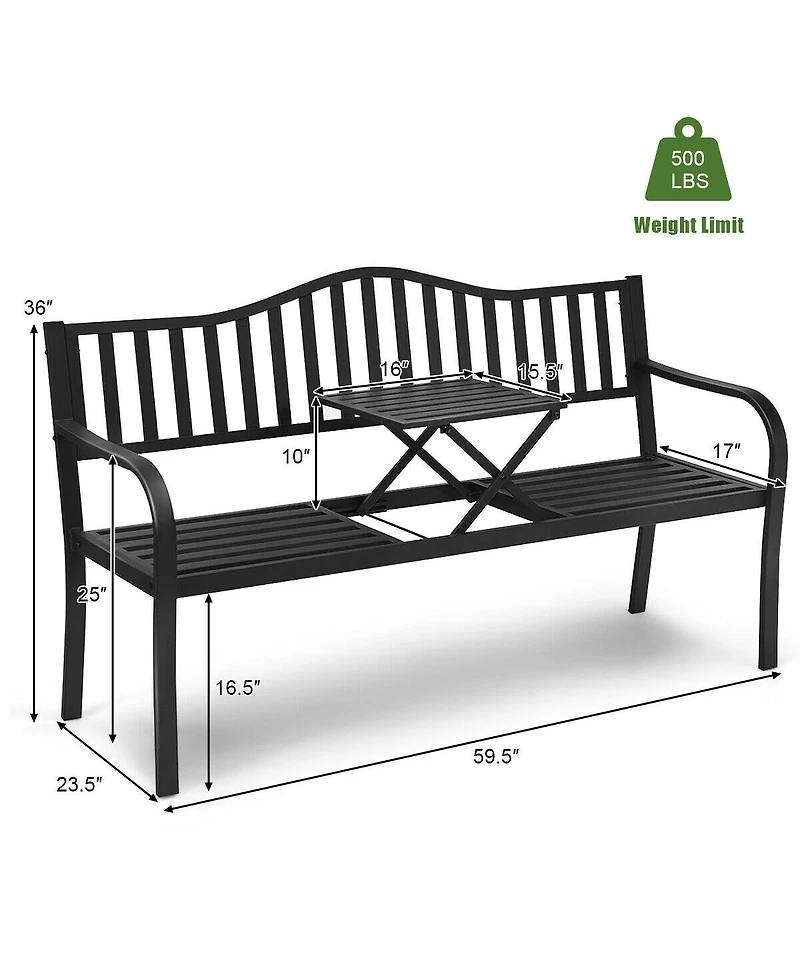 Patio Garden Bench Steel Frame with Adjustable Center Table