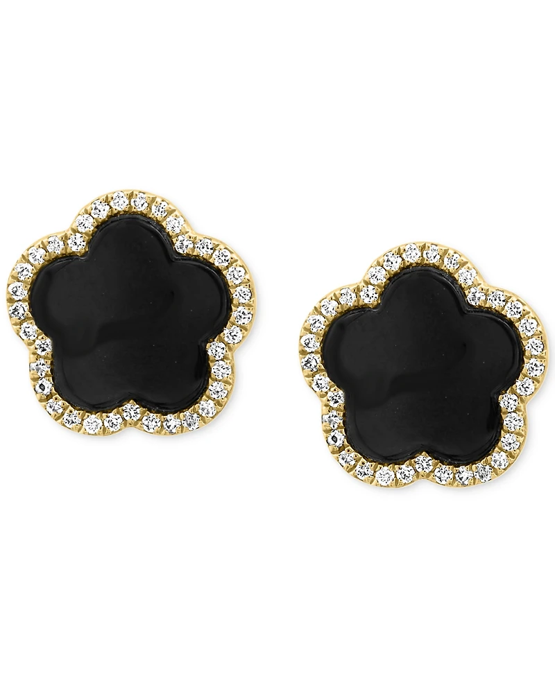 Effy Onyx & Diamond (1/5 ct. t.w.) Flower Halo Stud Earrings in 14k Gold