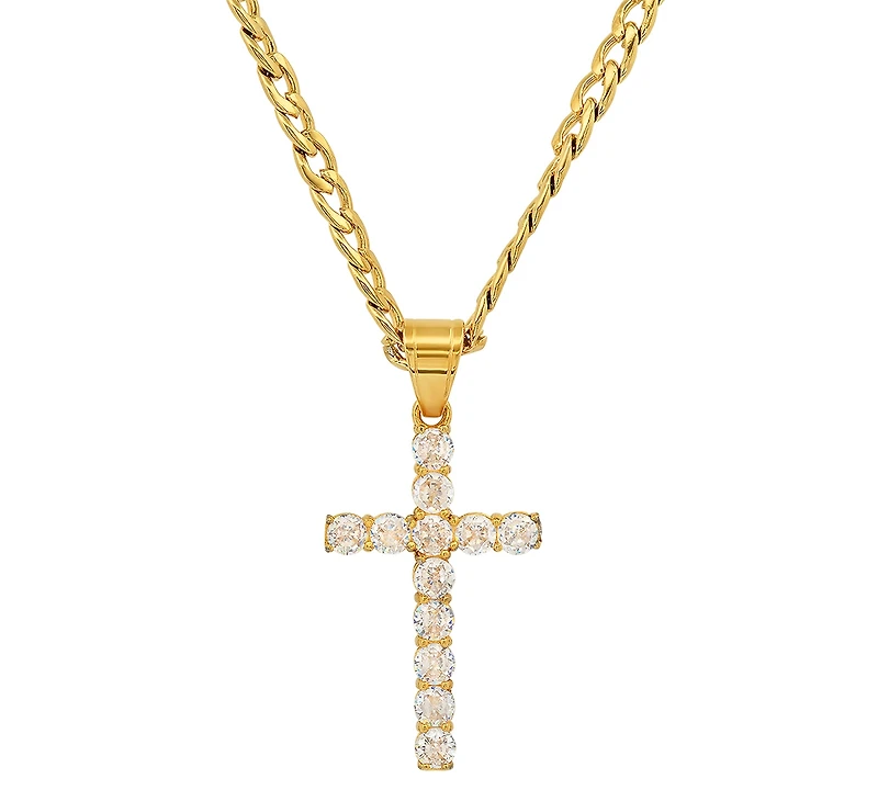 Steeltime Men's Stainless Steel Crystal Cross 24" Pendant Necklace