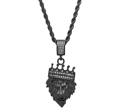 Steeltime Men's Stainless Steel Simulated Diamond Crowned Lion's Head 30" Pendant Necklace