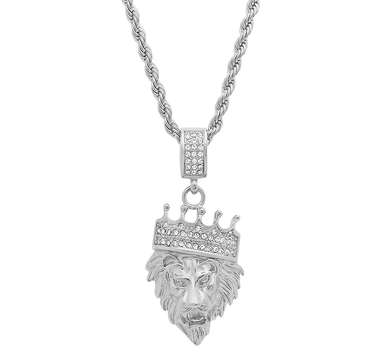 Steeltime Men's Stainless Steel Simulated Diamond Crowned Lion's Head 30" Pendant Necklace