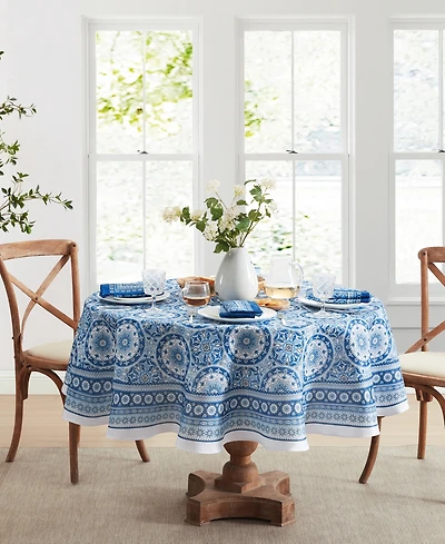 Vietri Medallion Blue Block Print Stain Water Resistant Indoor and Outdoor Tablecloth, 70" x 70" Round