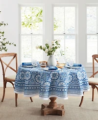 Vietri Medallion Blue Block Print Stain Water Resistant Indoor and Outdoor Tablecloth, 70" x 70" Round
