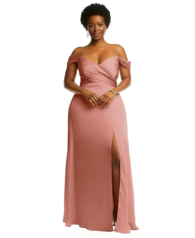 Dessy Collection Plus Size Off-the-Shoulder Flounce Sleeve Empire Waist Gown with Front Slit