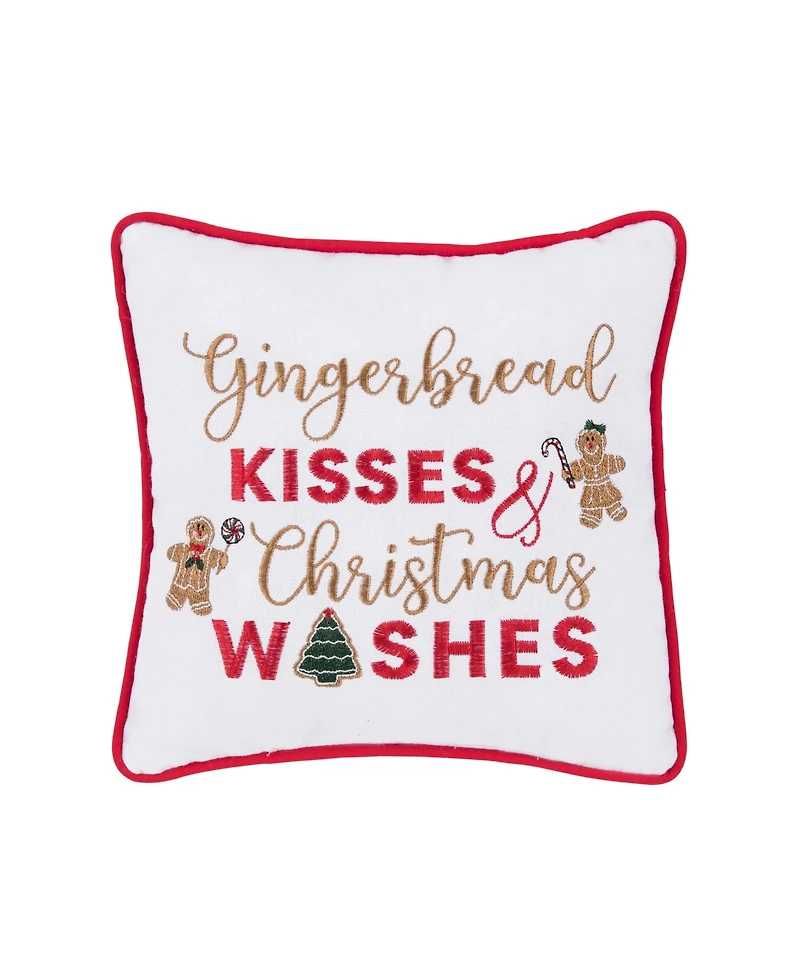 10" x 10" "Gingerbread Kisses and Christmas Wishes" Sentiment with Gingerbread Men Cotton Petite Accent Throw Pillow.