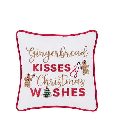 10" x 10" "Gingerbread Kisses and Christmas Wishes" Sentiment with Gingerbread Men Cotton Petite Accent Throw Pillow.