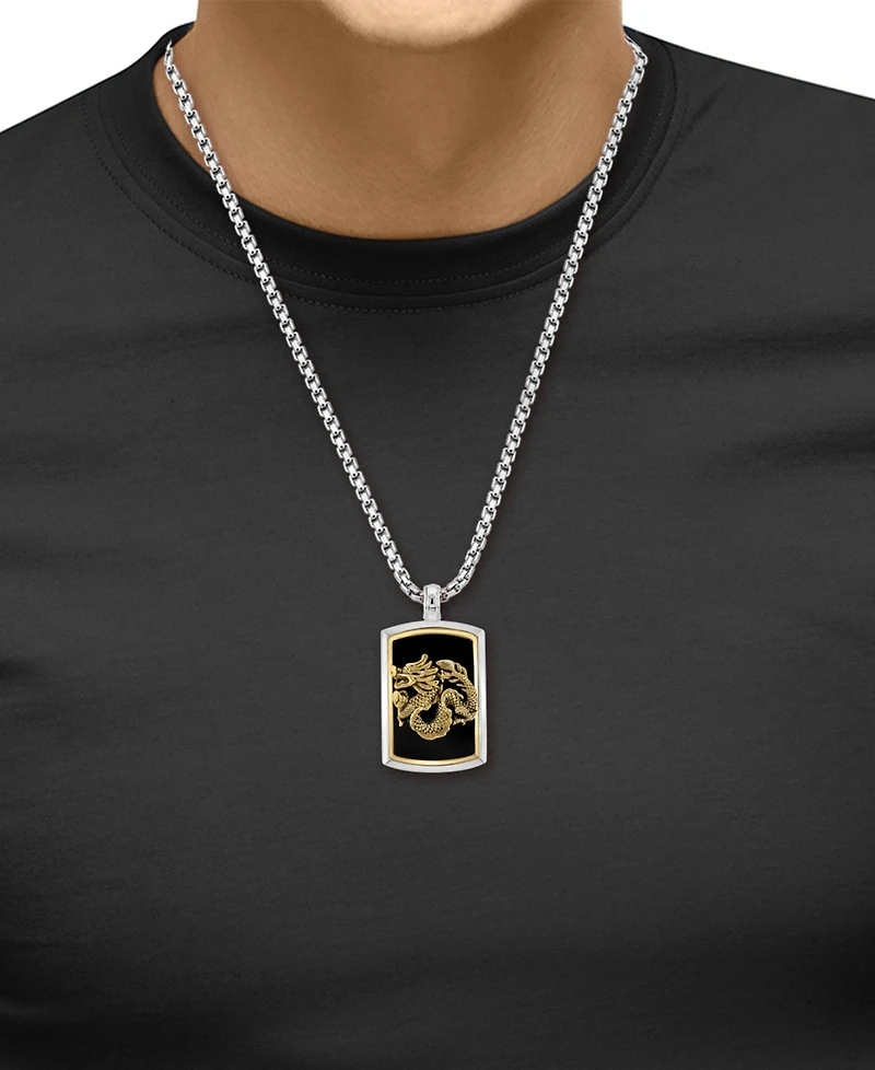Effy Men's Onyx Dragon Dog Tag 22" Pendant Necklace in Sterling Silver & 14k Gold-Plate