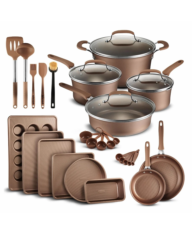 Cookware Set – 23 Piece –Gold Multi-Sized Cooking Pots with Lids, Skillet Fry Pans and Bakeware – Reinforced Pressed Aluminum Met