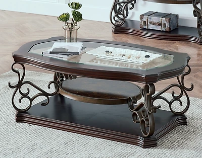 Cocktail Table, Glass table top, Mdf W/marble paper middle shelf, powder coat finish metal legs. (52"Lx32"Wx20"H)