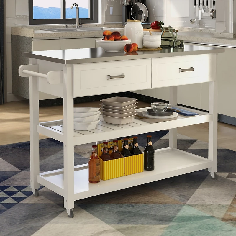Streamdale Stainless Steel Table Top White Kicthen Cart With Two Drawers