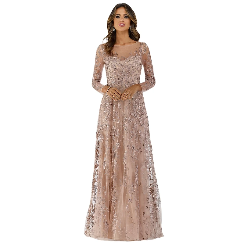 Lara Women's Plus Illusion Neckline A-line Long Sleeves Gown
